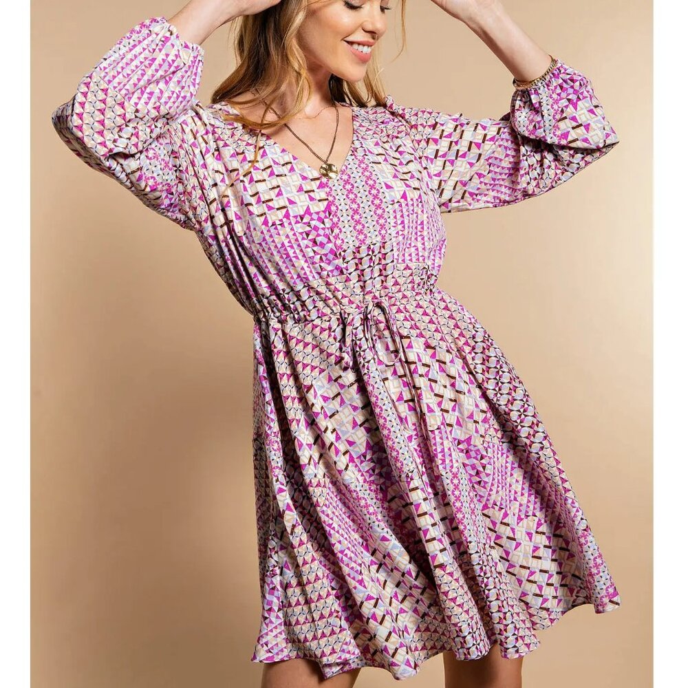 NWT Lavender Geo Print Tie Waist Dress with pockets - Picture 2 of 5